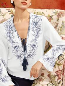 Glamance Frida Kahlo X SHEIN White And Blue Floral Tassel Tie Deep V Loose Blouse, Elegant Boho Mature Casual Sexy For Outings Brunch Vacation, Work, Office, Daily Wear, Summer - White - View 7