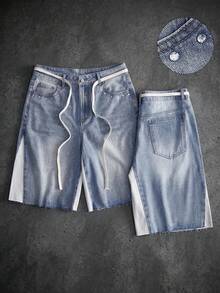ROMWE MEN Shorts vaqueros holgados para hombre con parches de strass brillantes y contraste de color - Lavado ligero - Ver 1
