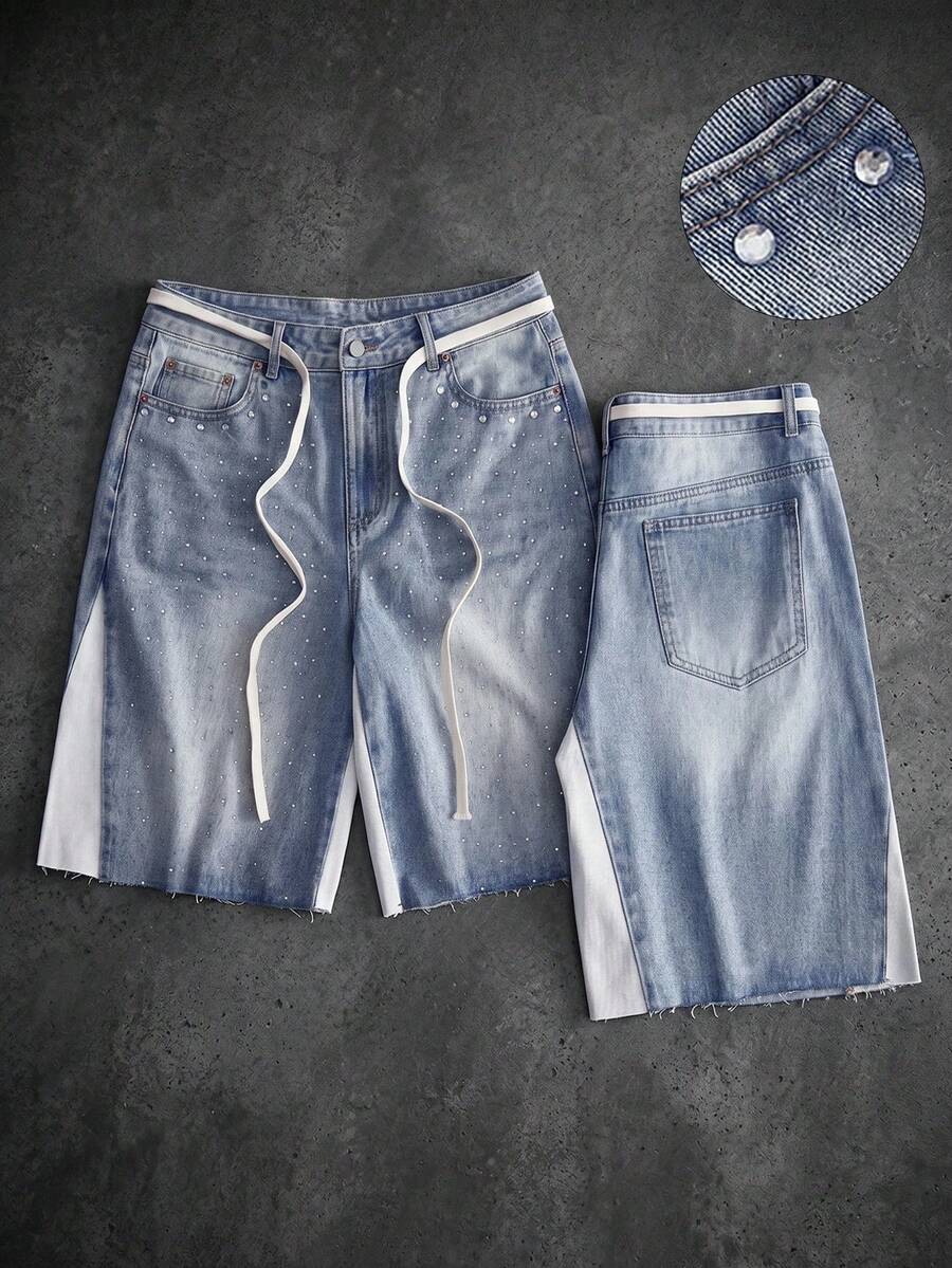 ROMWE MEN Shorts vaqueros holgados para hombre con parches de strass brillantes y contraste de color - Lavado ligero - Ver 1
