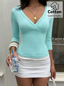 Aloruh Aqua Blue V-Neck 3/4 Sleeve Slimming T-Shirt Everyday Sexy Autumn Casual Outfits Clothes Beach Everyday Going Out Vacation Boho Y2k Clothes Y2K Tops - Teal Blue - View 5