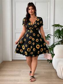 SHEIN EZwear 大尺碼夏季休閒向日葵印花洋裝 - 彩色 - 查看 4