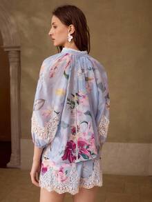 MOTF PREMIUM SPRING/SUMMER WOMEN'S POSITION PRINT LACE EMBROIDERED PATCHWORK BLOUSE - Dusty Blue - View 3