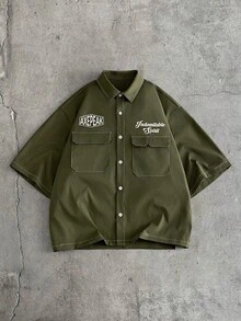 AXEPEAK Conjunto de camisa y pantalones cortos con estampado de letras para hombre - Verde militar - Ver 4