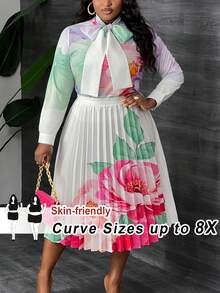 SHEIN CURVE+ 女款大尺碼花卉印花襯衫與百褶裙套裝 - 彩色 - 查看 1