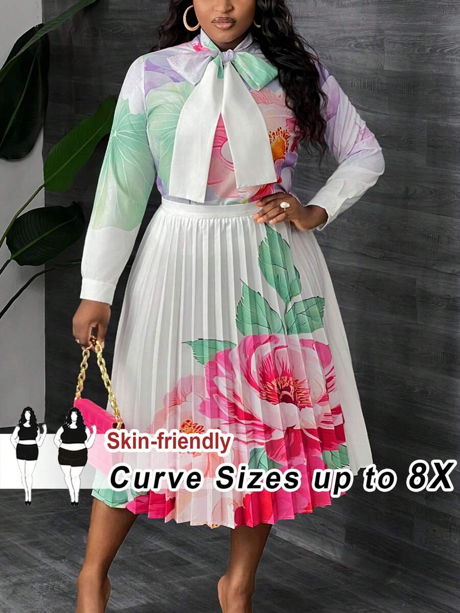 SHEIN CURVE+ 女款大尺碼花卉印花襯衫與百褶裙套裝 - 彩色 - 查看 1
