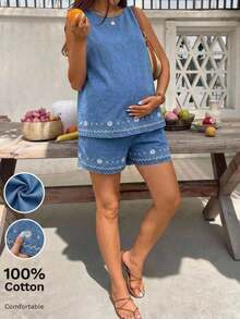 SHEIN Umstandsmode Blumenmuster Rundhals Tanktop und Shorts Lässig Denim Zweiteiler Set - Blau - Übersicht 1