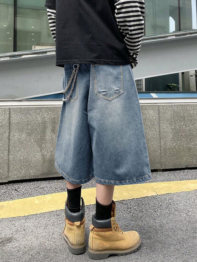 STEELVANCE Quần short jeans ống rộng dáng suông thời trang thường ngày dành cho nam, có túi bên hông, thích hợp cho đi làm hàng ngày và mùa hè. - Màu xanh lam - Xem 2
