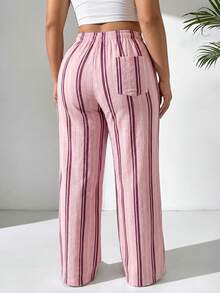 Comfortcana Spring/Summer Vacation Style Linen Casual Plus Size Women's Striped Waist Tie Pants - Baby Pink - View 2