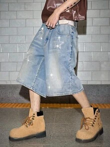 ROMWE MEN Street Life 男士水洗破洞水鑽寬鬆休閒百搭牛仔短褲 - 藍色 - 查看 7