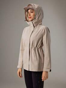 OutZeal Women Outdoor Jacket Solid Color Casual Hiking Drawstring Waist Zip Pocket Hooded Jacket - Apricot - View 9