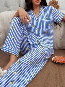 Dream Adore 女款條紋檸檬印花翻領前開扣短袖長褲睡衣套裝 - 藍色 - 查看 1
