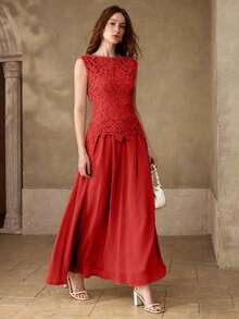 MOTF PREMIUM WOMEN'S SUMMER ELEGANT ROMANTIC STYLE SOLID COLOR PATCHWORK WATER-SOLUBLE LACE SLEEVELESS DRESS - Red - View 1