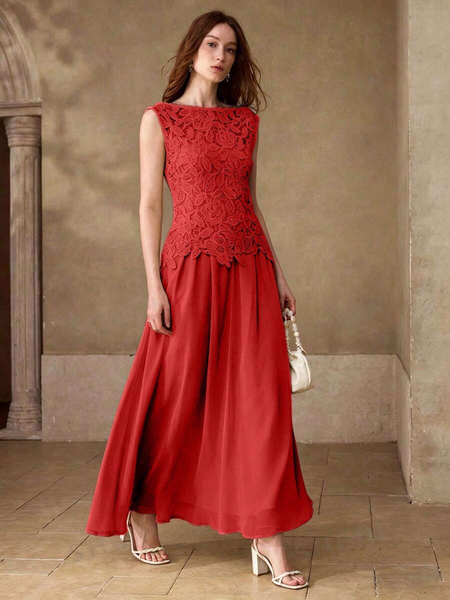 MOTF PREMIUM WOMEN'S SUMMER ELEGANT ROMANTIC STYLE SOLID COLOR PATCHWORK WATER-SOLUBLE LACE SLEEVELESS DRESS - Red - View 1