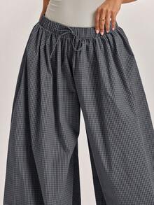 SHEIN BAE Women's Plaid Loose Lantern Sleeve Waist Tie Long Pants Vacation Black Gingham Autumn Casual - Navy Blue - View 3