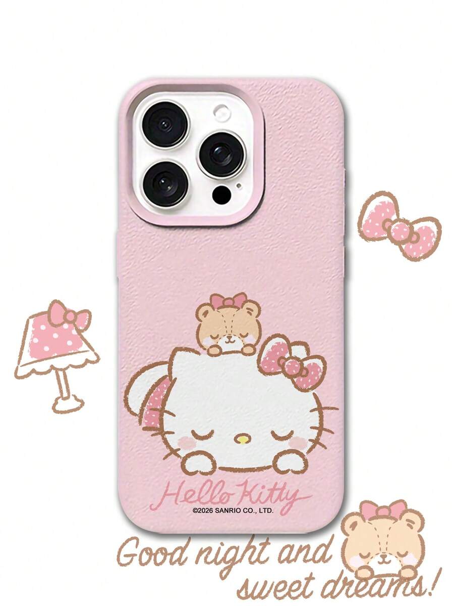 HELLO KITTY AND FRIENDS | SHEIN HelloKitty 全角色與反派彩色貼紙拼貼印花 粉色邊框皮革紋理手機殼 防震防摔 全包覆保護殼 適用 iPhone 17 Pro Max 16 15 14 13 12 Pro Max Plus Y2K 復古美學 可愛少女風 Ins 高顏值手機殼 - 彩色 - 查看 1