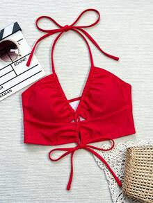 Swim SXY Solid Color Backless Halter Neck Swimsuit Top - Red - View 4