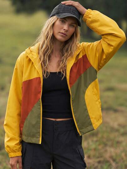 WanderVale Women's Zipper Front Hooded Colorblock Outdoor Casual Jacket