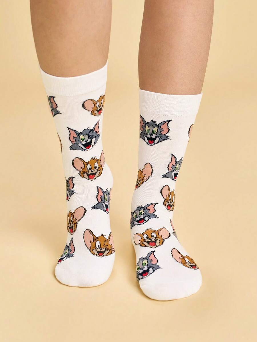 TOM & JERRY X SHEIN 1雙貓咪與老鼠圖案筒襪 - 白色 - 查看 1