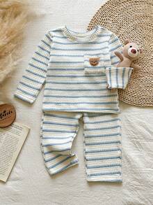 SHEIN Baby Boy Striped Waffle Knit Set, Cute Teddy Bear Pocket Long Sleeve T-Shirt & Pants 2pcs Outfit, Infant Toddler Casual Autumn - Baby Blue - View 8