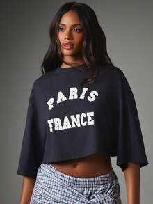MISSGUIDED Paris France Graphic Print Cropped Oversized T-Shirt With Round Neck And Short Sleeves Casual Streetwear Style - Navy Blue - View 4