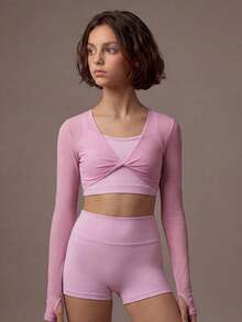SHEIN 少女粉色三件套运动套装——背心、短裤和运动上衣组合，高弹亲肤面料，适合舞蹈训练、瑜伽练习和日常运动。 - 粉色 - 查看 7