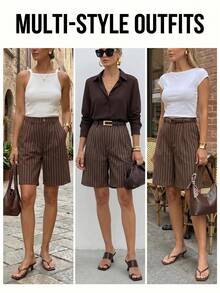 SHEIN LUNE Women's Brown Checkered Patchwork Panlakad Holiday Back-To-School Casual 70s Preppy Versatile Everyday Going Out Work Office Shorts Summer Fall Cotton - Multicolor - View 5