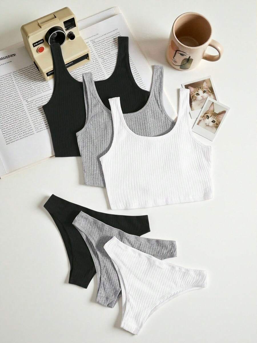 Lowkey Lull 3 Sets Rib Knit PJ Set - Multicolor - View 1