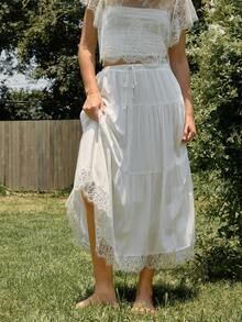 WESTFADE Drawstring Waist Tiered Ruffle Lace Midi Skirt, Back To School, Country Concert Outfit, Festival, Casual, Western, Vacation - White - View 4