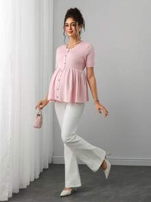 Momance Maternity Fitted Cardigan Sweater With Beaded Rhinestone Collar, Doll Hem Design, Round Neck Knit Short Sleeve For Casual, Elegant Baby Shower   Fall - Pink - View 5