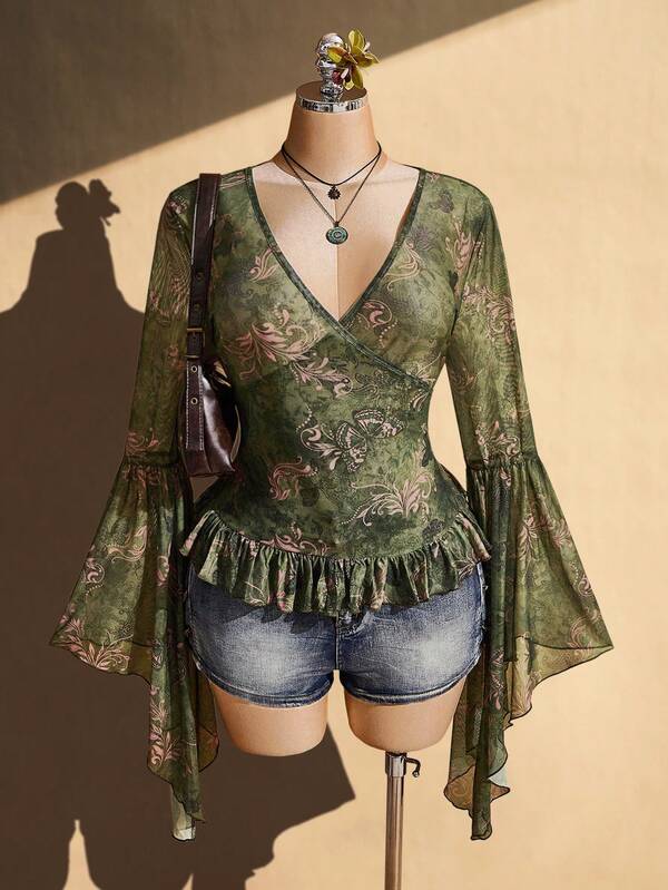 SHEIN ICON 女款大尺碼綠色佩斯利花紋上衣