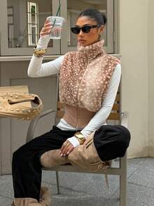Muchica Women's Stand Collar Zipper Fashion Versatile Winter Faux Fur Vest - Brown - View 4