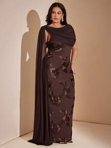 SHEIN BAE CURVE Plus Size Women's Brown 3D Floral Extra Long Dress,Wedding Formal Evening Dinner,Back To School,Party,Graduation,Going Out,Birthday,Elegant Autumn - Brown - View 7