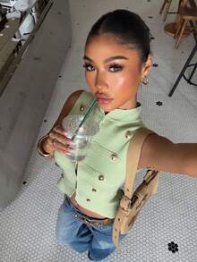 Muchica Women's Button Decor Stand Collar Knit Vest Green Top Y2k Elegant Going Out Back To School Fall Summer Napoleon Sweater  Festival Outfits For Women - Baby Blue - View 3