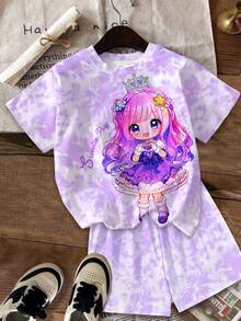 Young Girl Letter Cartoon Print Short Sleeve T-Shirt And Shorts Casual Daily Outfit - Multicolor - View 3