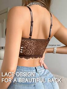 SHEIN 1 pieza Lencería romántica con cierre frontal de encaje - Café integral - Ver 2