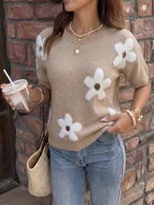 Flora Isola Flora Isola Spring/Summer Casual Romantic Commute Elegant Women's Solid Color Short Sleeve Round Neck Pullover Jacquard Floral Knit Top For Office Brunch - Khaki - View 7