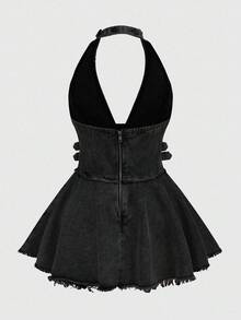 ROMWE Grunge Punk Y2K Distressed Washed Color Cold Shoulder Halter Neck Ruffle Hem Plus Size Women's Ultra Mini Denim Dress - Black - View 2