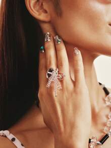 Popjeli Silver Open Ring Girl Heart Pink Beaded Flower Ring Niche Design Sweet And Cool Style - Pink - View 3