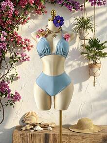 Swim SXY Plus Size 3pcs Floral Accent Solid Color Sexy Women Swimwear Set - Blue - View 6