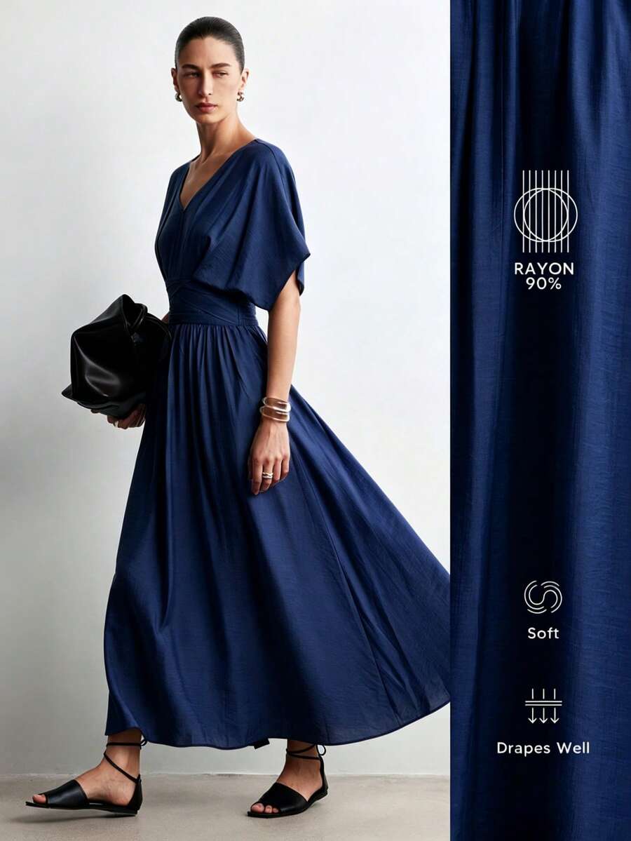 Aalyst 女款夏季優雅V領荷葉邊腰線A字洋裝,蝙蝠袖設計,適合外出、復活節、母親節、中東婚禮、職場、浪漫度假,灰綠色 - 藏蓝色 - 查看 1
