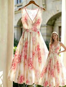 Franclia Elegantes Damen Sommerkleid mit Blumenmuster in A-Linie, elastisches Taillendesign, langes Rosen-Blumenkleid, V-Ausschnitt ärmelloses Blumenkleid, langes Blumenkleid, geeignet für den Sommer, elegant und vielseitig, geeignet für Urlaub, Arbeit und andere Anlässe, rosa Blumenkleid, fließendes Blumenkleid, Blumen-Ballkleid - Verschiedenfarbig - Übersicht 3