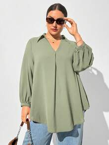 SHEIN Essnce 大码女式秋冬休闲宽松舒适 V 领黑色长袖衬衫、秋季女装、女式衬衫、曲线上衣、老款、黑色上衣、商务休闲女装、女士办公室装、女士服装、女士上衣、返校节、教师、工作上衣 - 薄荷綠 - 查看 6