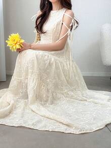 FRIFUL 女款夏季優雅花卉刺繡繫腰洋裝 - 杏色 - 查看 2
