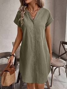 Comfylo Plus Size Casual Solid Color Front Button Dress Gym Brown - Army Green - View 5