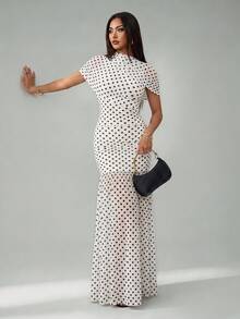 SHEIN Tall Summer Elegant Polka Dot Print Dress - White - View 3