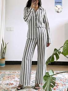 SHEIN Franclia 女款法式優雅休閒通勤返校條紋長袖兩件套 - 彩色 - 查看 3