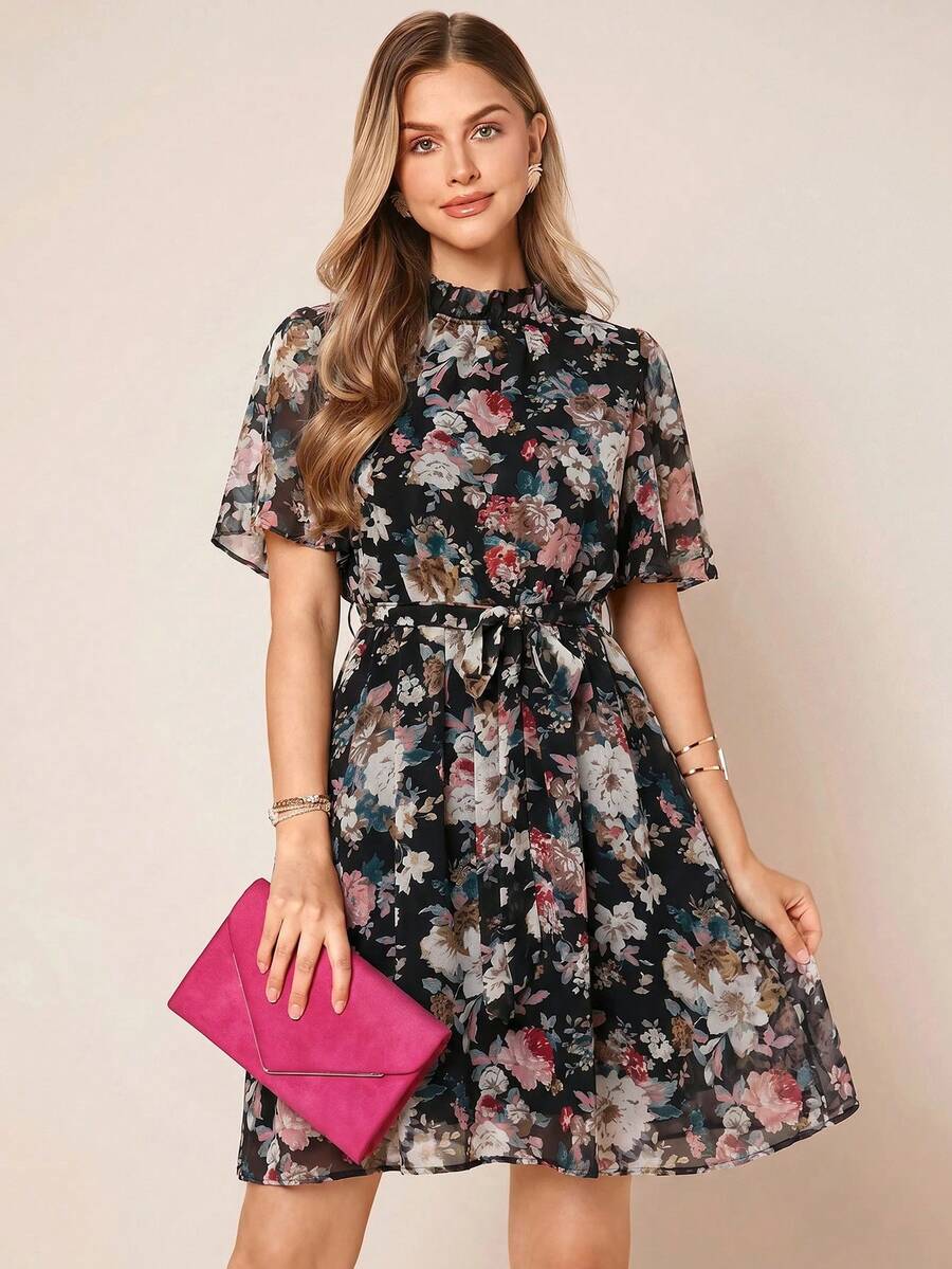 Amorya Women's Floral Print Collared Short Sleeve Elegant Dress For Vacation - Black - View 1