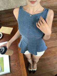 DAZY 女款圓領無袖優雅牛仔上衣 夏季 - 藍色 - 查看 6