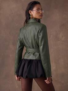 SHEIN BAE 女款時尚通勤復古腰帶夾克外套 - 軍綠色 - 查看 2