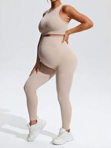SHEIN Maternity Round Neck Textured Cropped Tank Top And Sports Long Pants Set - Khaki - View 10
